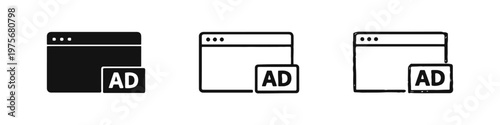 Online advertising browser window icons. Set of web ad symbols in different visual styles.