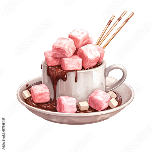 Hot Chocolate Cup with Pink Marshmallows and Chocolate Drips Watercolor Illustration
