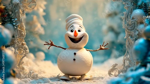 Cartoon snowman with exaggerated features joyfully hopping in a snowy winter landscape