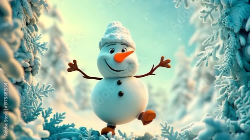 Cartoon snowman with exaggerated features joyfully hopping in a snowy winter landscape