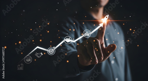 Man interacting with glowing line graph on finger in dark background