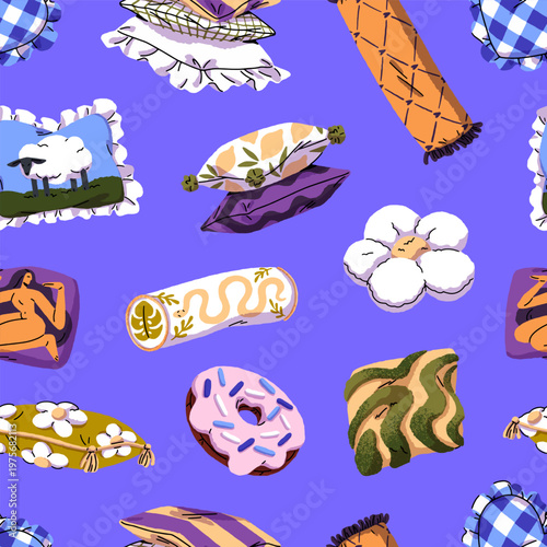 Repeatable pattern of different decorative pillows, bolsters and cushions. Endless background of interior design elements for beds, sofas and bedrooms decoration. Flat seamless vector illustration