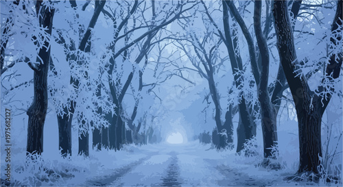 Snowy Winter Road with Bare Trees Vector Illustration