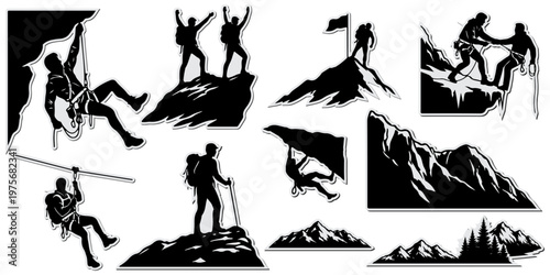 Mountain climbing and hiking silhouette sticker set. Extreme outdoor adventure, trekking, and mountain peaks collection.