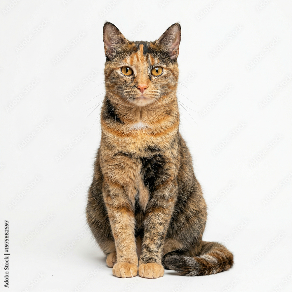 Fototapeta premium Attentive Cat Sitting Straight Isolated on White Background Studio Photo