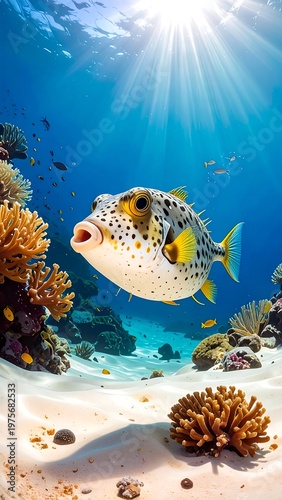 A vibrant fish swims near a coral reef with sunlight filtering through