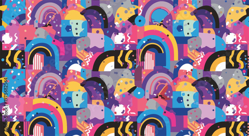 Vibrant Memphis Style Pattern with Abstract Shapes and Faces