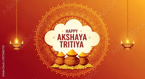 Festive Akshaya Tritiya celebration featuring gold coins and diyas on a vibrant red background, symbolizing prosperity and joy