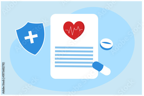 First aid medicine with check list for health pharmaceutical and health care check vector illustration