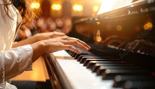 Close-up of a person playing a grand piano with focused hands.