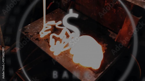 Molten stream pouring from top onto plate, forming pool and strands for casting under bank overlay