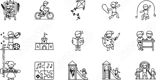 Kids Activities Education and Playtime Line Icons