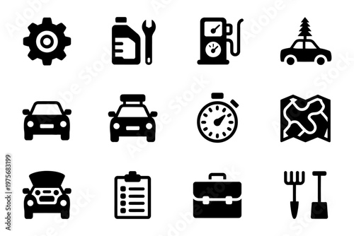 Collection of vector icons representing car maintenance and travel essentials.