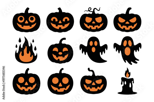 Vector of a collection of halloween-themed images including carved pumpkins ghosts and candles