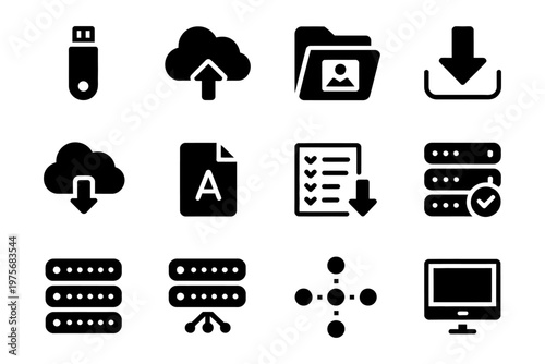 Set of vector icons representing cloud computing data storage and sharing