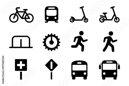 Collection of vector icons representing various modes of transportation and pedestrian signs