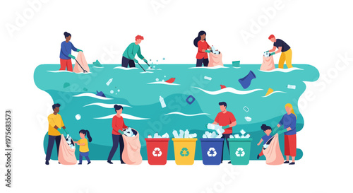 Eco friendly community, people cleaning pollution, recycling concept, environmental conservation, sustainable lifestyle