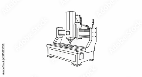 Detailed line drawing of a three-axis milling machine with a spindle and worktable