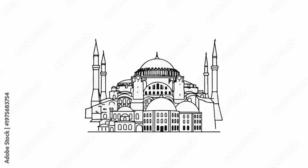 Obraz premium Detailed outline drawing of a grand dome-crowned edifice with towering minarets