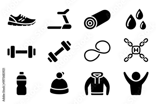 Vector of fitness equipment and symbols including shoes, weights, and a yoga mat