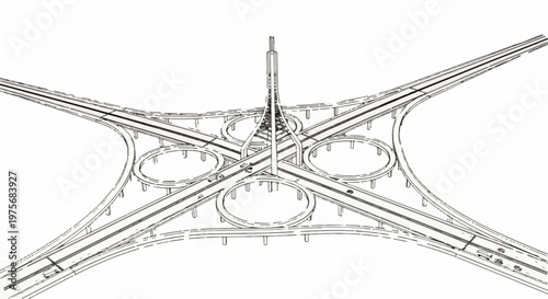 Detailed sketch of a complex highway interchange with elevated roads and ramps