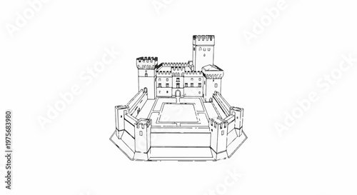 Detailed sketch of a fortified castle with central courtyard and crenellated towers
