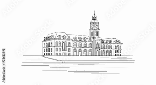 Detailed sketch of a grand historic building with a prominent clock tower on a waterfront