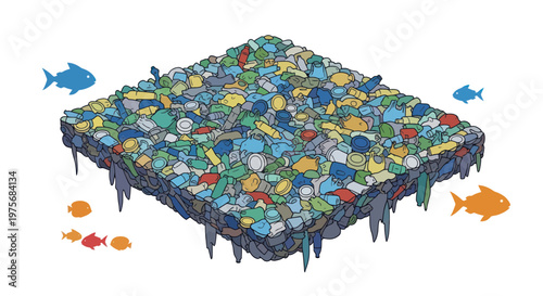 Ocean pollution, plastic waste, marine debris, environmental issue, vector illustration