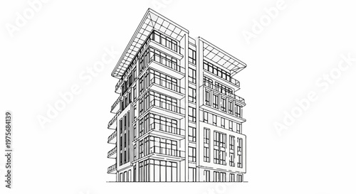 Detailed sketch of a modern multi-story building with balconies and large windows