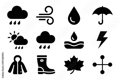 Collection of vector icons representing various weather conditions and related items