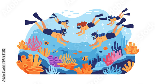 Scuba diving, snorkeling, underwater scene, colorful coral reef, ocean explorers