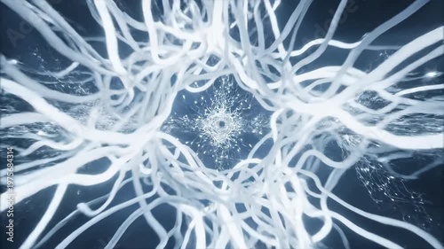 Abstract blue glowing neural network with flowing electric light lines and particle connections, futuristic digital background for artificial intelligence, data science, and technology concepts