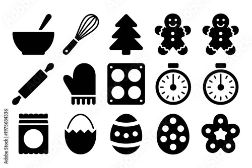Vector collection of cooking and baking icons including a bowl, tree, gingerbread, and timers