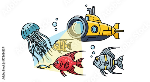Underwater scene, colorful sea creatures, submersible vehicle, ocean animals, vector icons