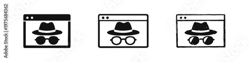 Incognito Mode Browser Icon Set: Browser window with hat and sunglasses for private browsing in three styles.
