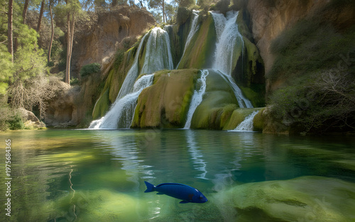 Chantara Waterfalls in the Troodos mountains, A blue fish in the water. Cyprus. waterfall in the park.