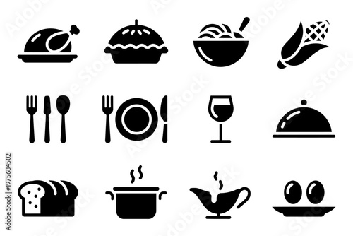 Vector featuring various food items, utensils, and kitchenware in a minimalist style.