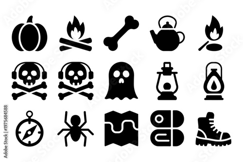 Collection of spooky and camping-themed vector icons displayed together in