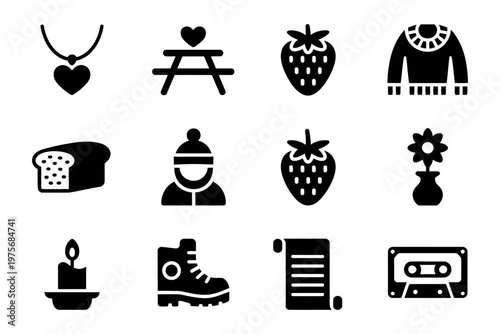 Vector icon set includes a variety of designs featuring strawberries, candles, and other simple objects.