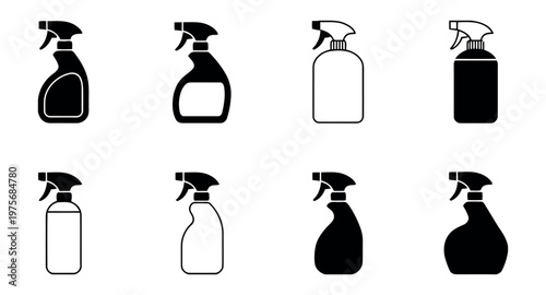 Vector of eight spray bottles in different shapes and colors