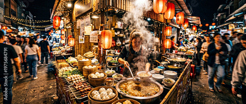 Breathtaking atmospheric documentary photograph of an Asian night market food stall at peak evening hours — red paper lanterns, glowing string lights, rising steam, and abundant local specialties crea