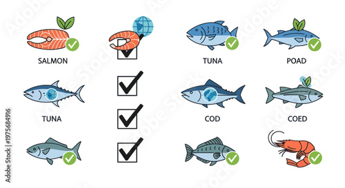 Fish icons, seafood symbols, salmon, tuna, cod, vector illustrations, food signs