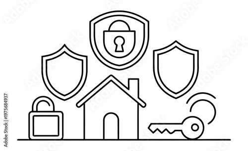 Vector of a house, shields, locks, and keys symbolizing security and protection