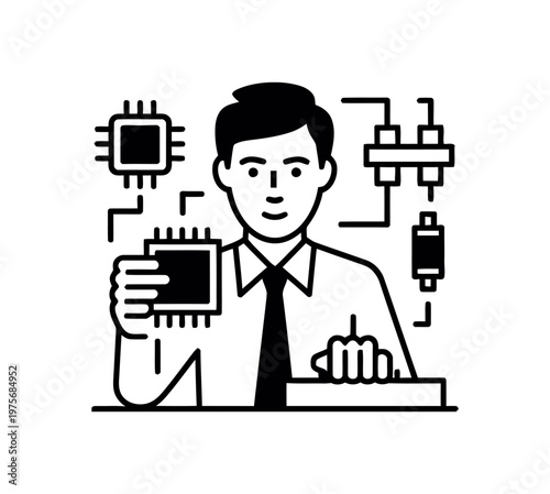 Vector of a man holding a microchip with circuit boards in the background