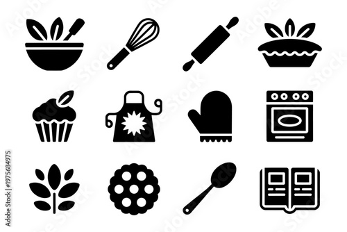Collection of vector icons representing baking and kitchen tools for cooking