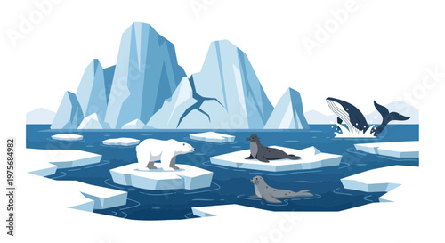 Arctic wildlife, polar animals, icebergs, sea creatures, frozen ocean scene