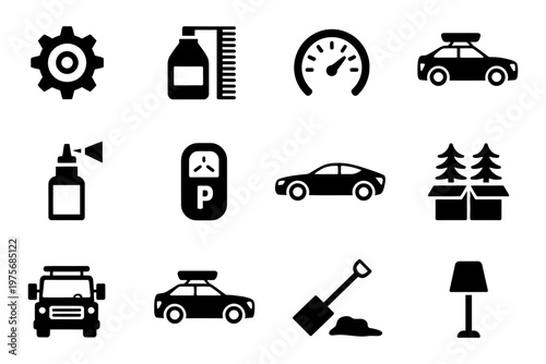 Vector icon set featuring car maintenance and outdoor activities