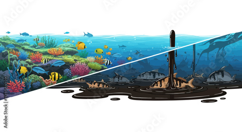 Underwater scene, ocean pollution, environmental damage, vector illustration