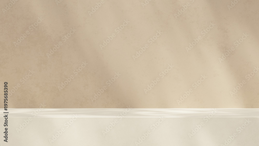Fototapeta premium Wide beige empty product stage with soft light and shadow. Minimal studio setup for product mockup, cosmetic advertising and clean presentation background. 3D render.