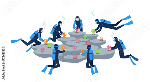 scuba divers, underwater exploration, ocean conservation, marine life, vector illustration